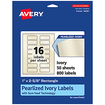 Avery® Pearlized Permanent Labels With Sure Feed®, 94201-PIP50, Rectangle, 1" x 2-5/8", Ivory, Pack Of 800 Labels