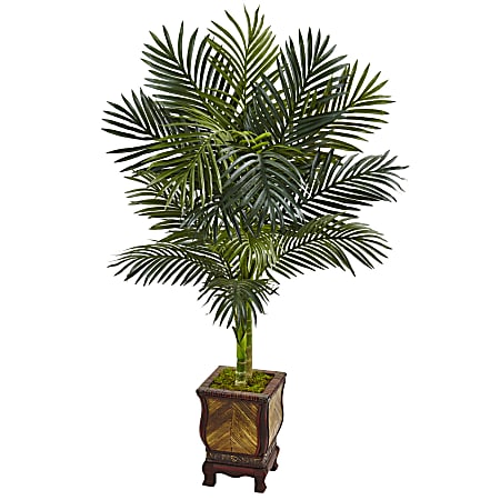 Nearly Natural Golden Cane Palm 54" Artificial Tree With Wooden Decorated Planter, Green/Brown