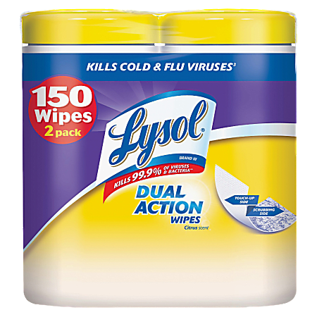 Lysol® Dual-Action Disinfecting Wipes, Citrus, 7" x 8", White, 75 Wipes Per Canister, Pack Of 2 Canisters