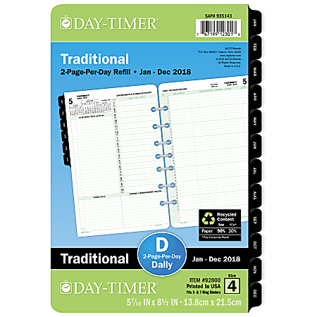 Day-Timer® Reference Daily/Monthly Planner Refill, 5 1/2" x 8 1/2", 30% Recycled, White, January to December 2018 (928001801)