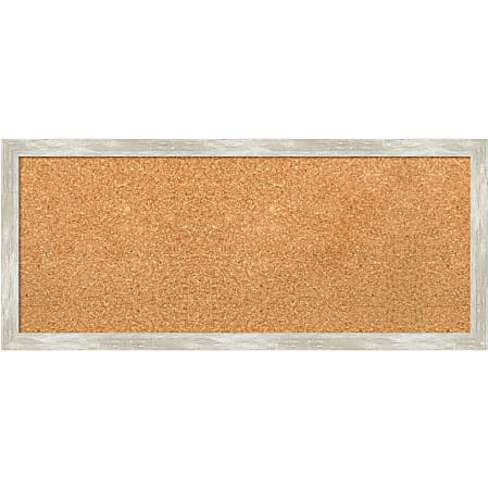 Amanti Art Rectangular Non-Magnetic Cork Bulletin Board, Natural, 32” x 14”, Crackled Metallic Narrow Plastic Frame