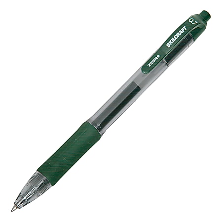 SKILCRAFT® Retractable Gel Pens, Medium Point, 0.7 mm, Clear/Green Barrel, Green Ink, Pack Of 12 Pens