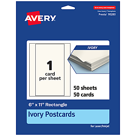 Avery® Printable Postcards, 95280-MIC50, Rectangle, 6" x 11", Matte Ivory, Pack Of 50