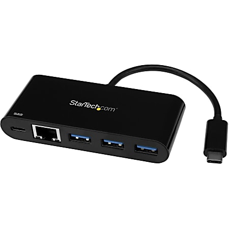 StarTech.com 3 Port USB-C Hub with Gigabit Ethernet & 60W Power Delivery Passthrough - USB-C to 3xUSB-A - 5Gbps USB 3.0 Type-C Adapter Hub - Portable 3 Port USB-C hub with 3x USB Type-A and Gigabit Ethernet RJ45 port