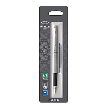 Parker® Jotter Stainless-Steel Fountain Pen, Medium Point, Silver Barrel, Blue Ink