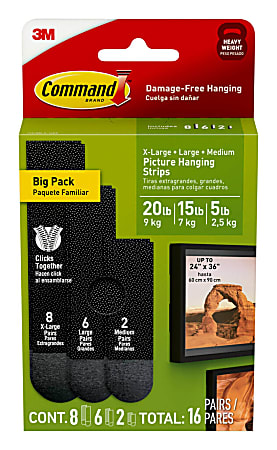 Command™ Mixed Picture Hanging Strips, 20 lb, Black, Pack Of 32 Strips