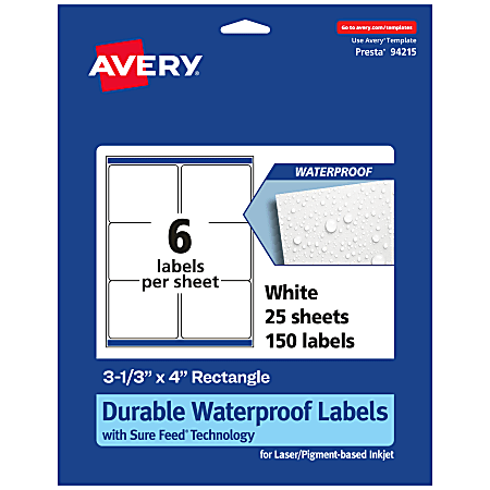 Avery® Waterproof Permanent Labels With Sure Feed®, 94215-WMF25, Rectangle, 3-1/3" x 4", White, Pack Of 150