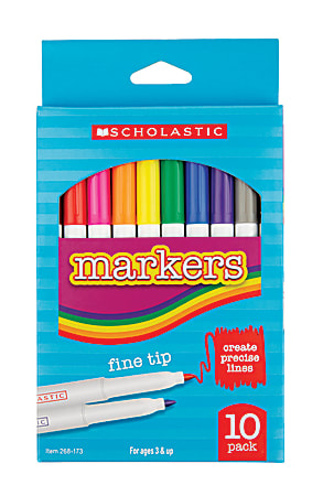 Scholastic Markers, Fine Tip, Assorted Colors, Pack Of 10