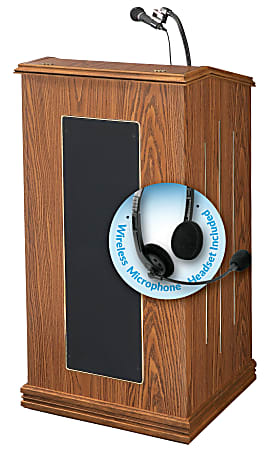 Oklahoma Sound Prestige Wireless-Ready Lectern, With Wireless Microphone Headset, Medium Oak