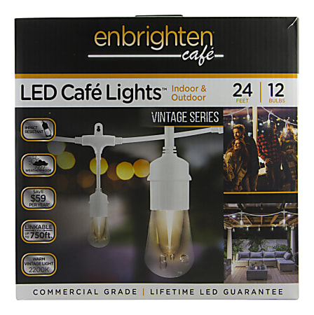 Enbrighten Vintage LED Café Lights, 24', Indoor/Outdoor, White Cord/White Lights