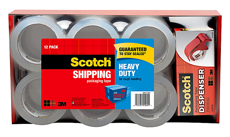 Scotch® Heavy Duty Shipping Packing Tape, 12 Tape Rolls with 1 Dispenser, 1 7/8x 54.6 yd, 1" Core, Designed  - 385012BD