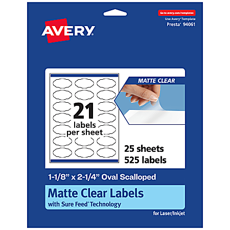 Avery® Permanent Labels With Sure Feed®, 94061-CMF25, Oval Scalloped, 1-1/8" x 2-1/4", Matte Clear, Pack Of 525