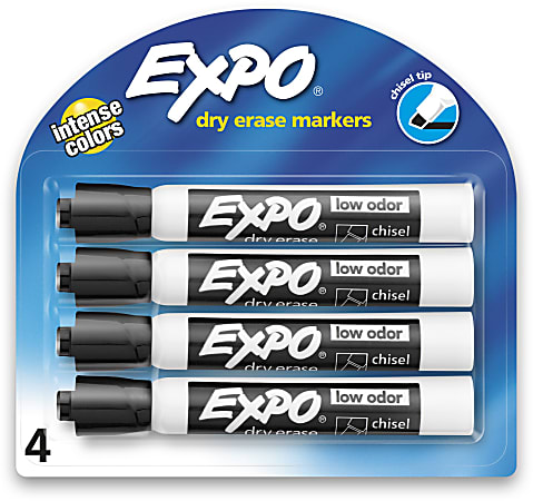 EXPO® Low-Odor Dry-Erase Markers, Chisel Point, Black, Pack Of 4