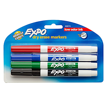 EXPO® Low-Odor Dry-Erase Markers, Fine Point, Assorted Colors, Pack Of 4