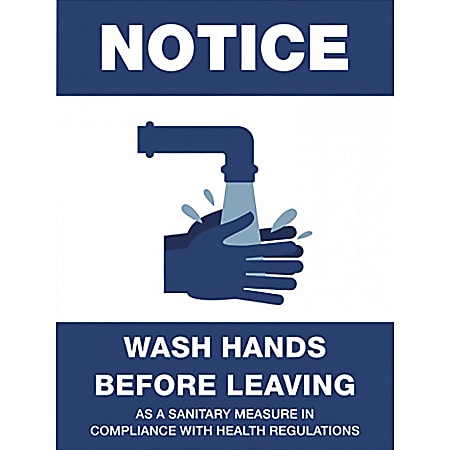 Lorell® Notice Wash Hands Before Leaving Sign, 6" x 8", Blue/White