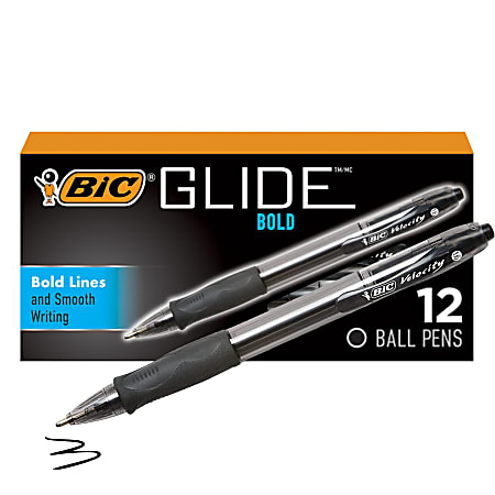 BIC Glide Bold Ballpoint Pens, Bold Point, 1.6 mm, Translucent Barrel, Black Ink, Pack Of 12 Pens