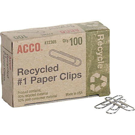 ACCO&reg; Paper Clips, 1000 Total, Silver, Recycled, 100 Per Box, Pack Of 10 Boxes