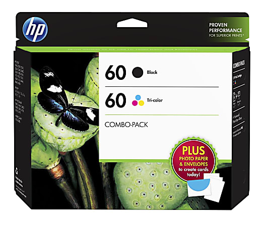 HP 60 Black And Tri-Color Ink Cartridges, Pack Of 2, D8J23FN