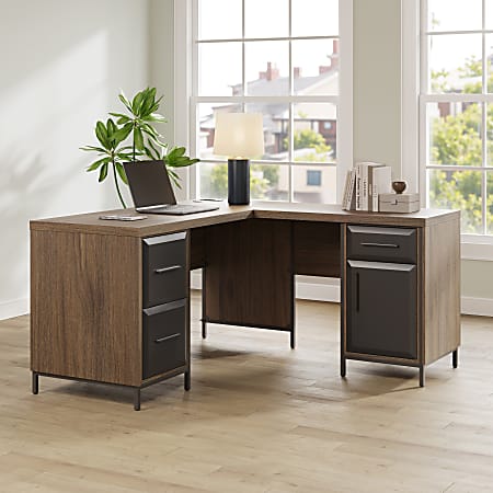 Thomasville® Alderbrook 60"W L-Shaped Corner Desk With Integrated Power Outlet, Walnut/Matte Black
