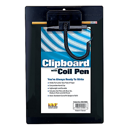 MMF Industries Plastic Clipboard With Coil Pen, Black