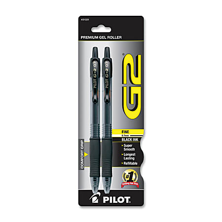 Pilot G2 Retractable Gel Pens, Fine Point, 0.7 mm, Translucent Barrel, Black Ink, Pack Of 2 Pens