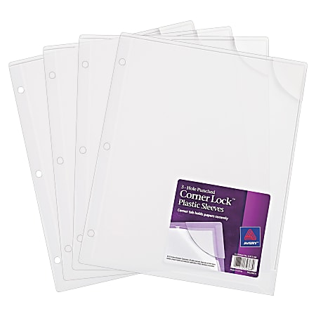 Avery Corner Lock 3 Hole Punched Plastic Sleeves Clear Pack Of 4