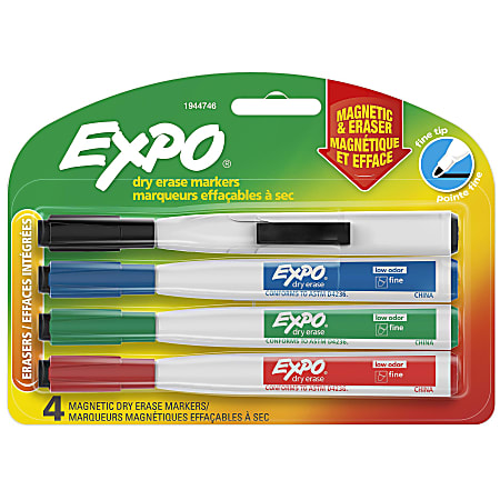 Magnetic Dry Erase Markers with Eraser, Fine Tip, Assorted Colors, 8-Count