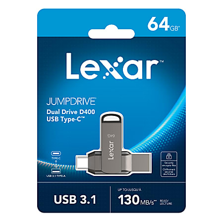 Lexar&reg; JumpDrive&reg; Dual Drive D400 USB 3.1 Type-C USB Drive, 64GB, Silver