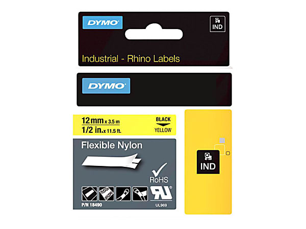 DYMO® Rhino Flexible Nylon Labels, DYM18490, 1/2"W x 11 1/2 ft Length, Direct Thermal, Yellow, Nylon