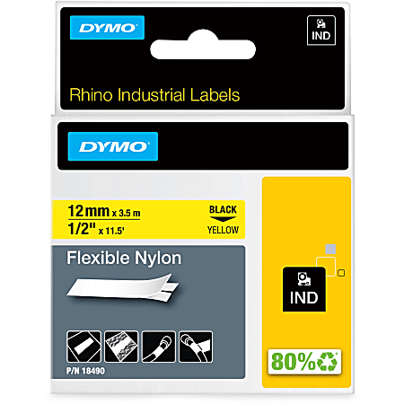 DYMO® Rhino Flexible Nylon Labels, DYM18490, 1/2"W x 11 1/2 ft Length, Direct Thermal, Yellow, Nylon