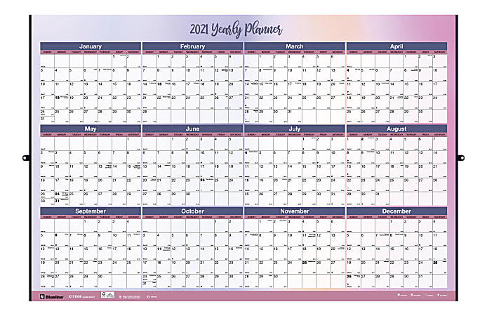 Blueline® Laminated Erasable/Reversible Yearly Wall Calendar, 24" x 36", Floral, January to December 2021