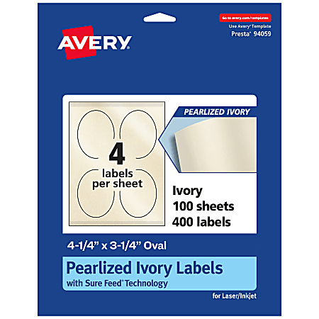 Avery® Pearlized Permanent Labels With Sure Feed®, 94059-PIP100, Oval, 4-1/4" x 3-1/4", Ivory, Pack Of 400 Labels