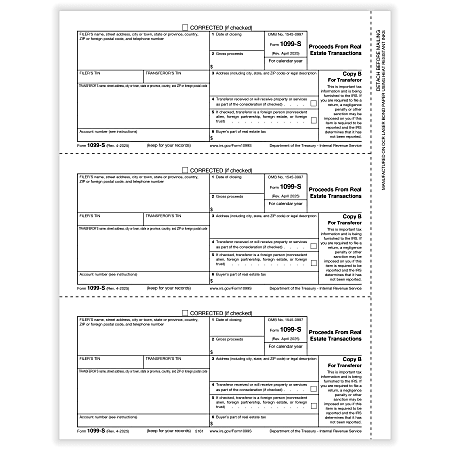 ComplyRight® 1099-S Tax Forms, Transfer or Copy B, 3-Up, 8-1/2" x 11", Pack Of 150 Forms