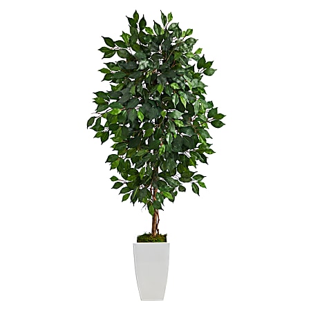 Nearly Natural Ficus 54”H Artificial Plant With Metal Planter, 54”H x 21”W x 19”D, Green/White