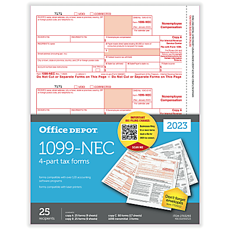 Office Depot® Brand 1099-NEC Laser Tax Forms, 4-Part, 3-Up, 8-1/2" x 11", Pack Of 25 Form Sets, NEC610592523