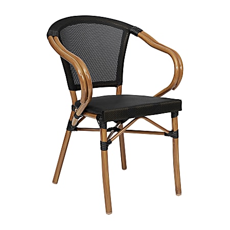 Flash Furniture Marseille Indoor/Outdoor Commercial Bistro Stacking Chair with Arms, Textilene and Bamboo Print Aluminum Frame, Black/Natural Frame