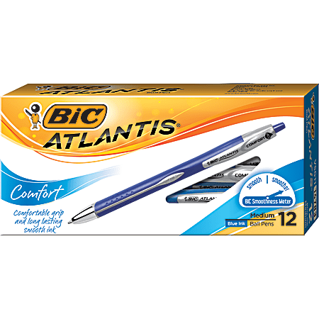 BIC® Atlantis™ Comfort Retractable Ballpoint Pens, Medium Point, 1.0 mm, Blue Barrel, Blue Ink, Pack Of 12 Pens