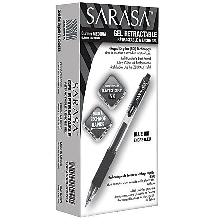 Zebra® Pen SARASA® Retractable Gel Pens, Pack Of 12, Medium Point, 0.7 mm, Clear Barrel, Blue Ink