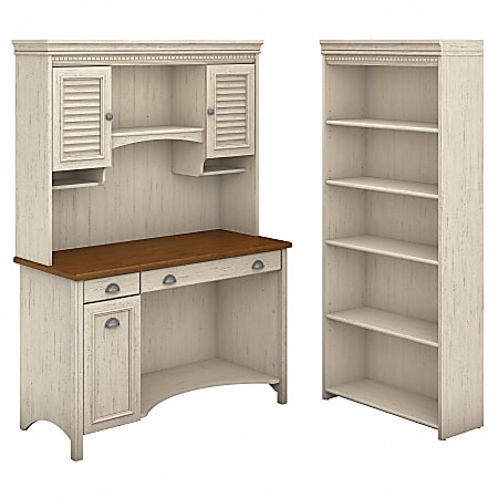 Bush Furniture Fairview Computer Desk With Hutch And 5 Shelf Bookcase, Antique White/Tea Maple, Standard Delivery
