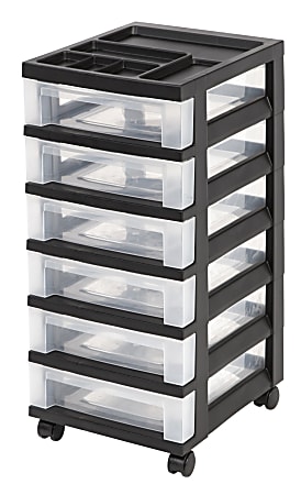 Iris® Mini 6-Drawer Rolling Plastic Storage Cart, 26 7/16"H x 12 1/8"W x 14 5/16"D, Clear/Black