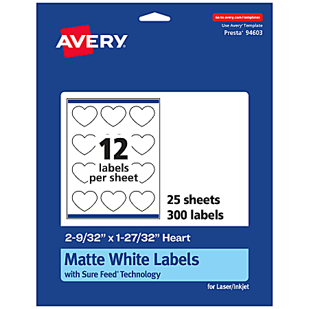 Avery® Permanent Labels With Sure Feed®, 94603-WMP25, Heart,
