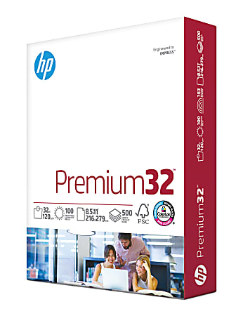 HP Premium32 Laser Paper, 1 Ream, Smooth, White, Letter Size (8 1/2" x 11"), Ream Of 500 Sheets, 32 Lb, 100 Brightness