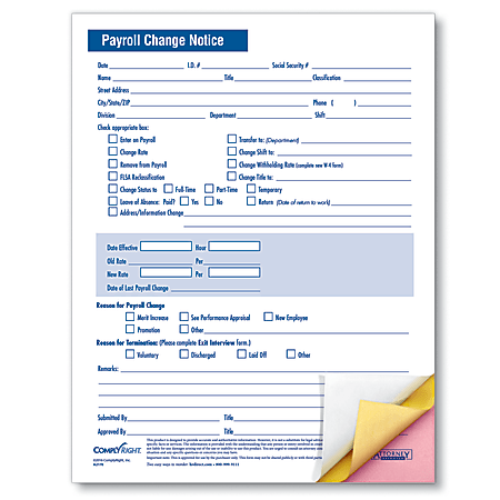 ComplyRight Payroll Change Notice Forms, 3-Part, 8 1/2" x 11", White, Pack Of 50