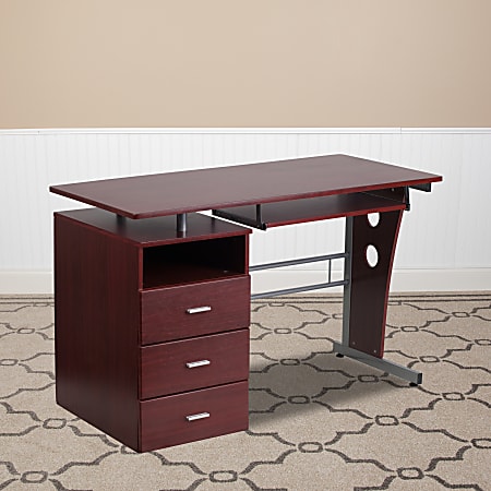 Flash Furniture Computer Desk with 3-Drawer Pedestal, Mahogany