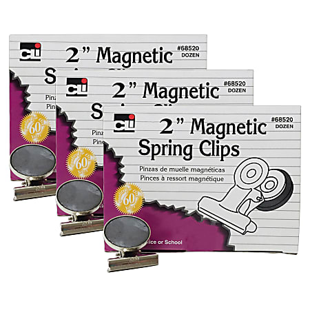 Charles Leonard Magnet Spring Clips, 2", Silver, 12 Clips Per Box, Pack Of 3 Boxes