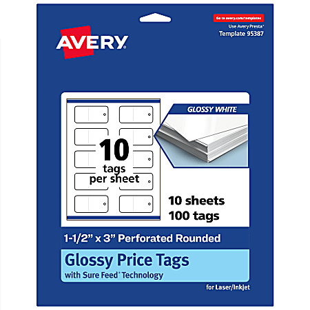 Avery® Print-To-The-Edge Price Tags With Sure Feed® Technology, 1-1/2"x3" Rectangle Rounded, Glossy White, Pack Of 100, 95387GWT10