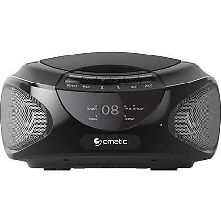Ematic CD Boombox with Bluetooth Audio & Speakerphone EBB9224 - 1 x Disc Integrated Stereo Speaker - Black - CD-DA - Auxiliary Input