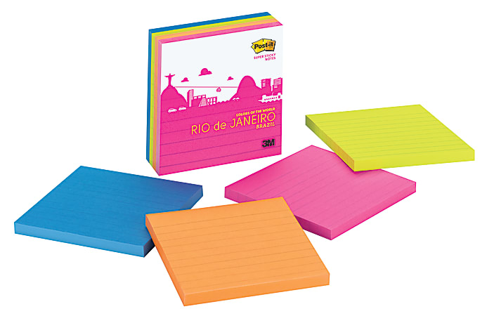 Post-it® World Colors Collection Super Sticky Notes, 4" x 4", Rio Palette, 90 Notes Per Pad, Pack Of 4 Pads