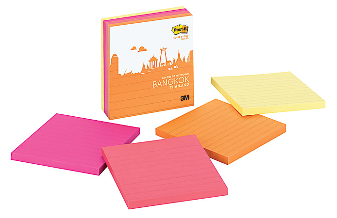 Post-it® World Colors Collection Super Sticky Notes, 4" x 4", Bangkok Palette, 90 Notes Per Pad, Pack Of 4 Pads