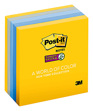 Post-it® World Colors Collection Super Sticky Notes, 3" x 3", New York City Palette, 90 Notes Per Pad, Pack Of 5 Pads